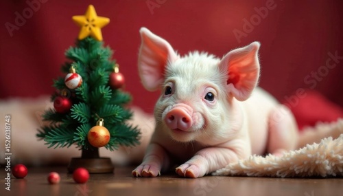 Adorable piglet rests by a decorated mini tree Heartwarming holiday image , holly, cute, decor
