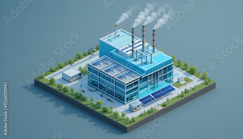 3D isometric illustration of a hydrogen energy plant powered by solar panels, showcasing clean H2 generation for renewable future.