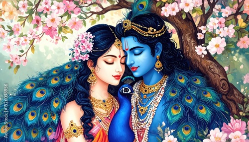 Krishna and Radha's Romantic Embrace: A Serene Peacock-Feathered Masterpiece
