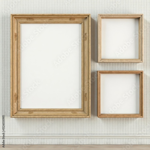 Three weathered light brown wood picture frames, empty, on a textured wall , wooden, image