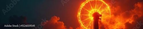 Close-up view, spinning turbine, fiery orange glow, engineering, heat