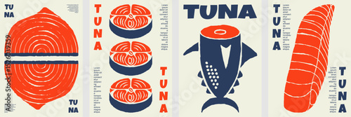 Bold graphic tuna fish poster set with modern seafood cuts, fresh fillet illustrations, and stylish vintage food.