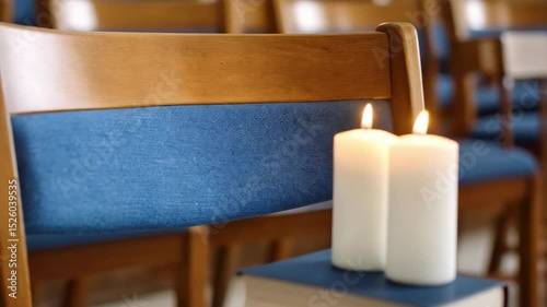 Pair of lit candles placed on a stack of hardbound books in a room filled with empty chairs with blue cushioning.