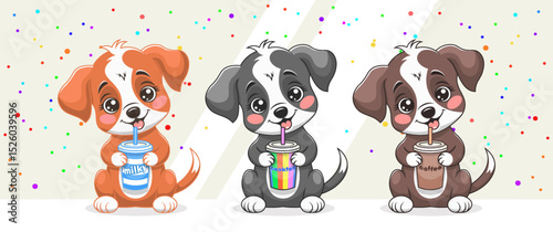 Vector set of cute cartoon friendly funny little puppies sitting and drinking from cups with straws, milk, cocktail and coffee. Cuddly pets. Toon adorable doggies. Collection of nice dogs