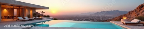 Geometric concrete desert home, infinity pool, city view, stone, aerial view