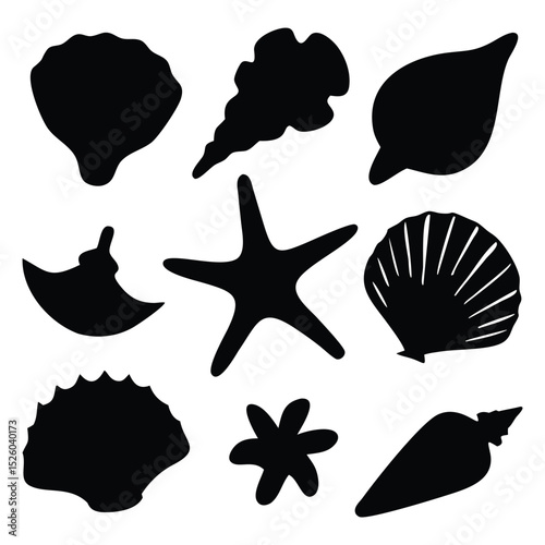 "Seashells Silhouette Vector Set - Coastal Marine Icons"	A collection of black silhouette vector icons representing various seashells, including conch, scallop, and starfish. Perfect for coastal decor