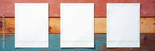 Blank white polaroid frames on vibrant woodgrain background , retro, colorful wood
