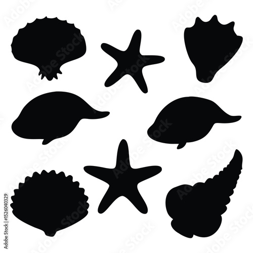 "Seashells Silhouette Vector Set - Coastal Marine Icons"	A collection of black silhouette vector icons representing various seashells, including conch, scallop, and starfish. Perfect for coastal decor