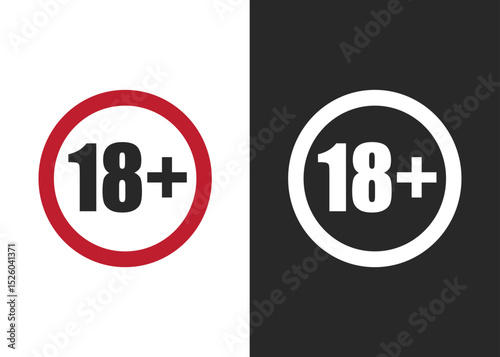 Icon 18 plus content age. Adults only, prohibition and warning symbol. Limit and stop. Round prohibited sign. Prohibition symbol illustration. Label of containment and age restrictions