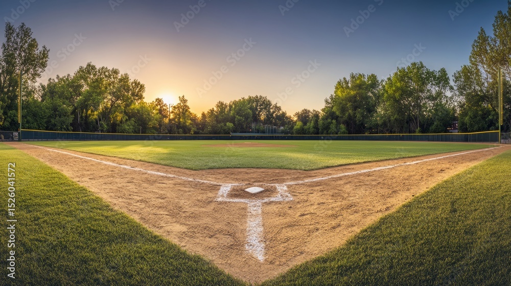 Fototapeta premium A baseball diamond with neatly raked dirt, outdoor setting with dusk lighting, Classic style