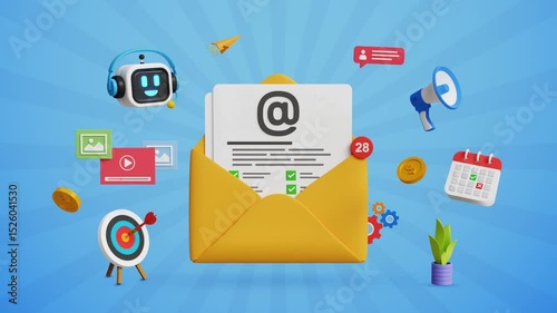 Email marketing campaign, email automation, subscription, newsletter or online announcement concept. Business automation and digital advertising. Email with marketing icons. 4K 3D animation
