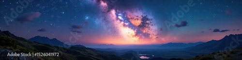 Dramatic Milky Way arch over serene landscape, beautiful, stellar