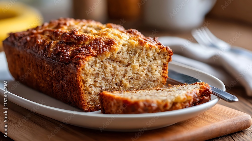Freshly Baked Banana Bread Served on a White Plate Freshly Baked Banana Bread Served on a White Plate