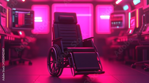 Futuristic wheelchair design high-tech lab 3d render neon environment close-up innovation in mobility