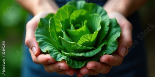 Dark green savoy cabbage, tightly packed leaves in hands , food, healthy