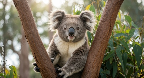Close-Up of a Playful Koala Sitting on a Tree Branch Surrounded by Lush Greenery in Its Natural Habitat during the Daylight Hours