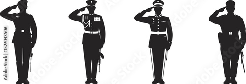 Vector illustration of saluting military officers in ceremonial uniforms with swords, honor tribute, armed forces respect, leadership, discipline, patriotic tradition
