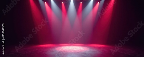 Several spotlights converge on a vacant stage, creating a powerful visual , show, concert, performance