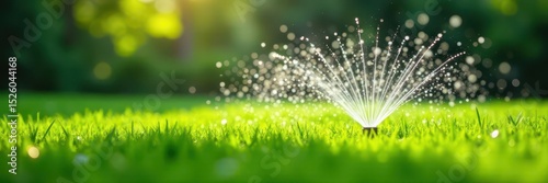 Automatic sprinkler system waters lush green lawn ,  home,  spray