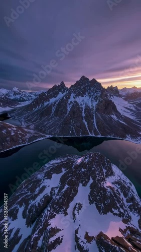 Majestic sunrise illuminating snowy mountain peaks and serene lake