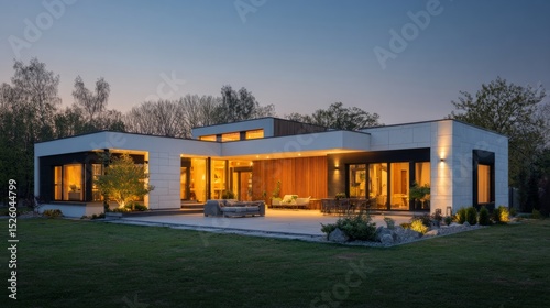 house, exterior, dusk, architecture, minimalist, Modern home at dusk with war...