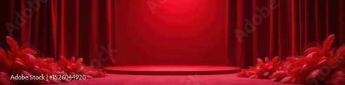 Crimson velvet drapes frame a plush red stage, adorned with opulent red feathers , background, opulent, luxury