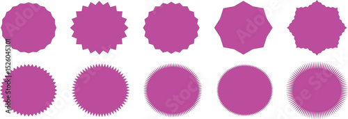 Set of circles with zigzag edges, Sunburst sticker shapes, Rounded starburst zigzag badge, spiky oval, circle and star shaped price tag, discount and sale label stickers, Star or sunburst icons.
