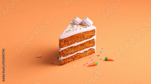 A slice of carrot cake with white frosting and sprinkles. photo