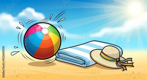 Beach Ball Bounces Near Striped Towel and Sun Hat