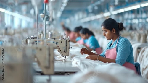 Garment Factory Worker: Focused female worker operating a sewing machine in a busy garment factory. The image highlights the dedication and skill involved in garment manufacturing.
