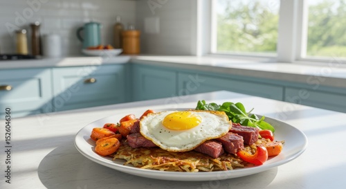 Delicious breakfast plate featuring crispy hash browns, grilled steak, cherry tomatoes, sunny-side up egg, and fresh greens in a bright kitchen setting