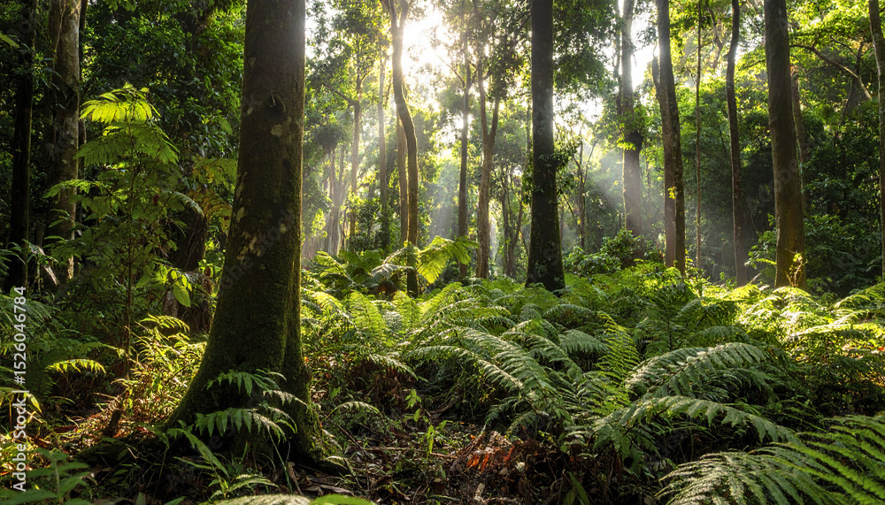 Fototapeta premium Lush tropical forest with sunlight filtering through trees, creating serene atmosphere