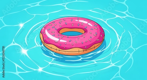 Cartoon donut float with pink frosting and sprinkles in bright b
