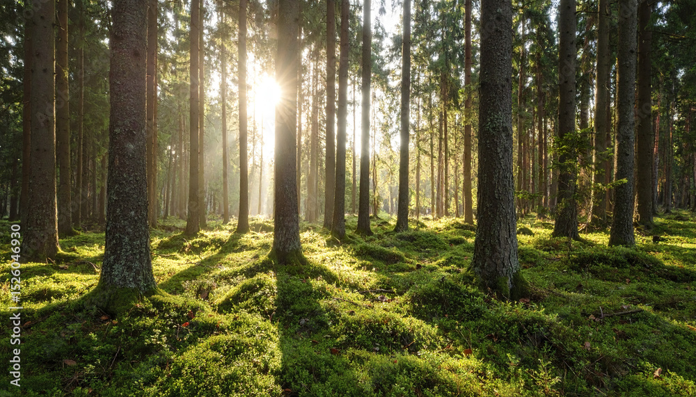 Fototapeta premium Dense woodland in early morning with radiant sunrays illuminating forest floor