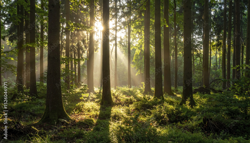 Fototapeta premium Dense woodland in early morning with radiant sunrays illuminating forest floor