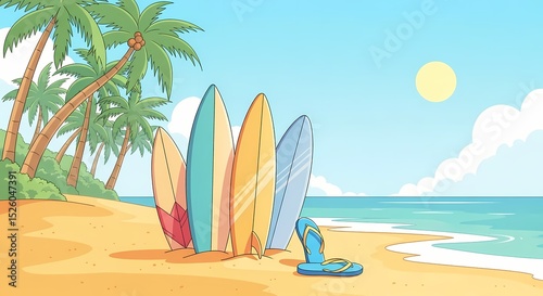 Colorful Surfboards and Flip-Flops on a Sunny Beach Scene