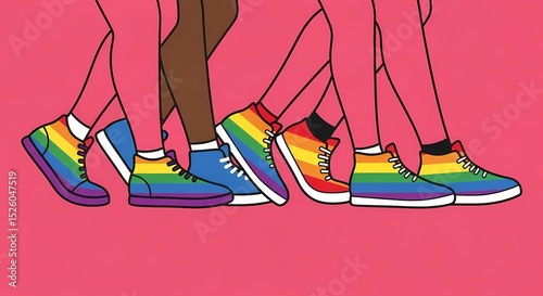 Diverse Feet in Pride-Colored Sneakers Walking Together