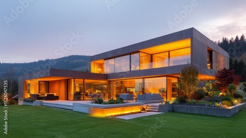 house, exterior, dusk, architecture, minimalist, Modern home at dusk with war...