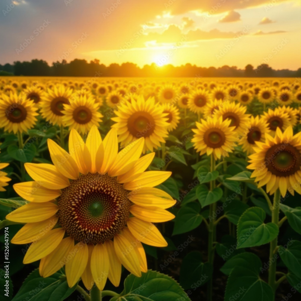 Fototapeta premium Endless rows of sunflowers facing the sun, vibrant yellow hues , crop, rows, view