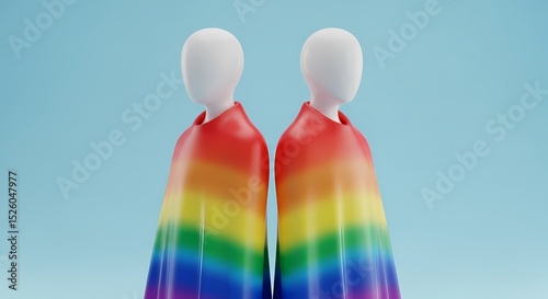 Faceless figures draped in vibrant rainbow capes against a soft