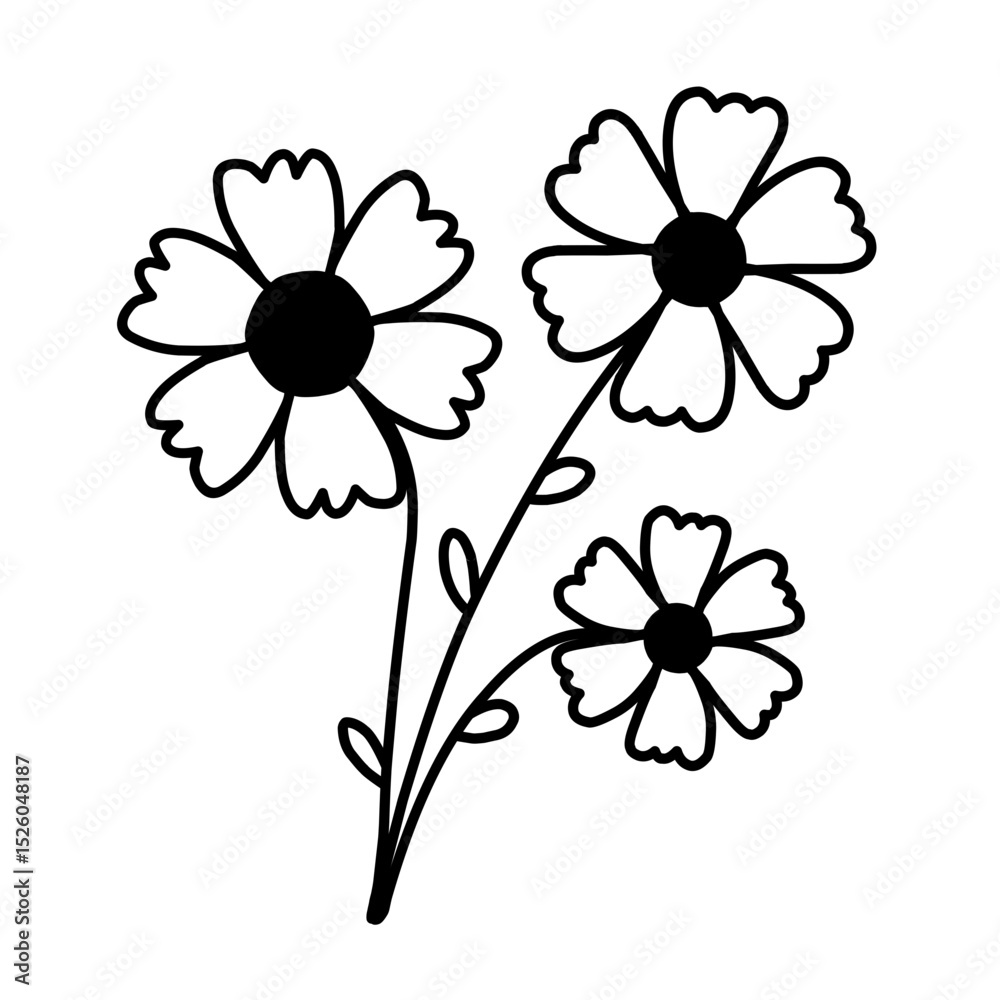 Obraz premium Hand-Drawn Black and White Flowers Line Art with Solid Centers - Rustic Floral Vector Illustration