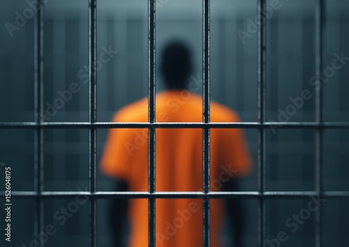 A blurred person wearing an orange jumpsuit stands behind prison bars in a dimly lit cell, highlighting incarceration and confinement.
