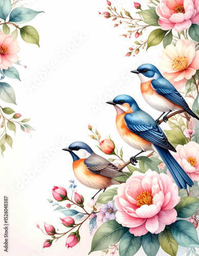 A decorative illustration featuring three colorful birds among blooming flowers.