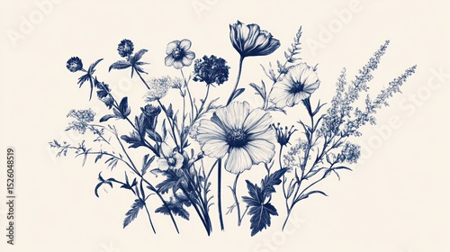Elegant Blue Floral Botanical Illustration: A Delicate Arrangement of Wildflowers