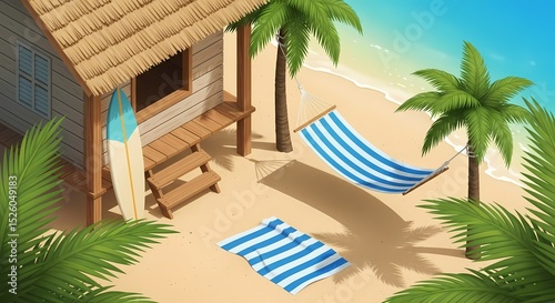 Isometric beach scene with hut, surfboard, hammock, towel, and p