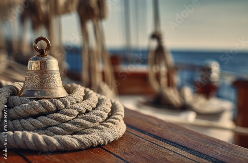 Ship bell on rope on wooden surface