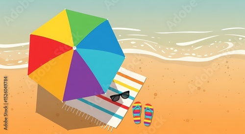Overhead View of Colorful Beach Umbrella, Towel, Sunglasses, and