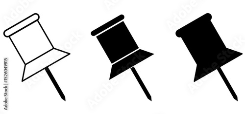 Set of three vector push pin icon, including out line, solid, and bold styles. perfect for office, stationery or UI design themes. clean and minimal graphic elements. icons and vector.