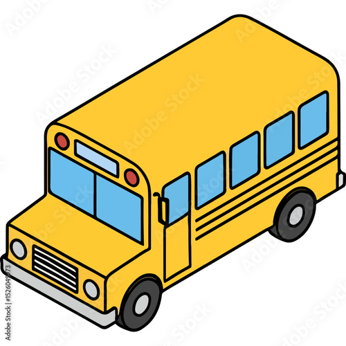 a bright yellow isometric school bus with blue windows, representing transportation to school and childhood education