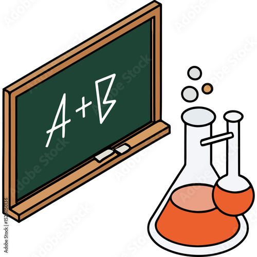 a vector illustration of a classroom scene with a blackboard showing "a+b" and science beakers with orange liquid, representing education and chemistry